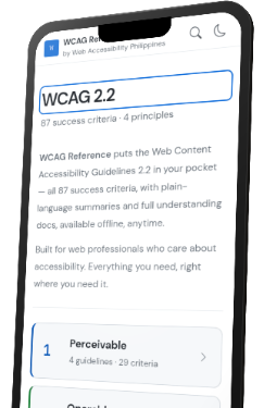 Smartphone screen showing the WCAG 2.2 accessibility guidelines reference webpage.