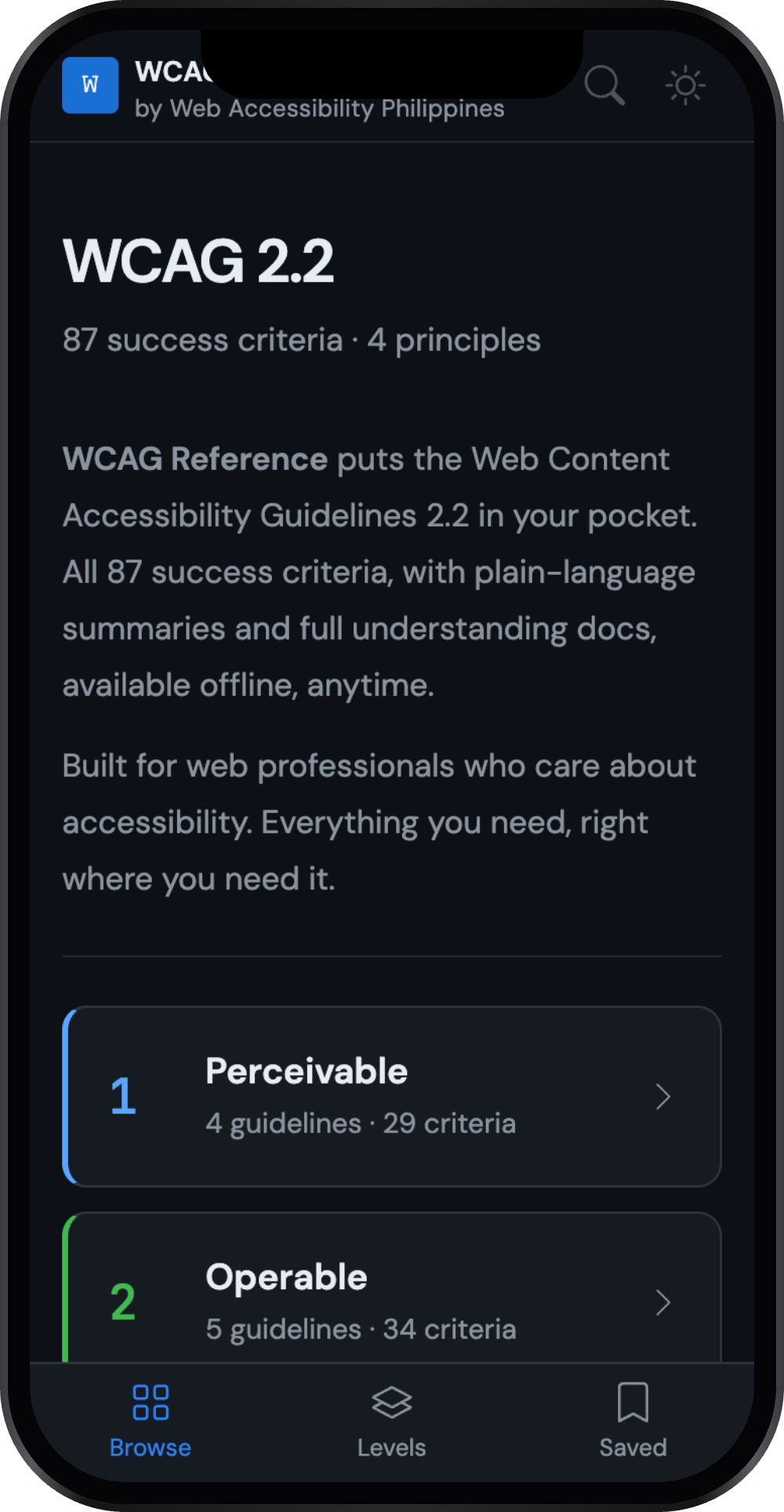 WCAG Reference app dark mode preview on iphone