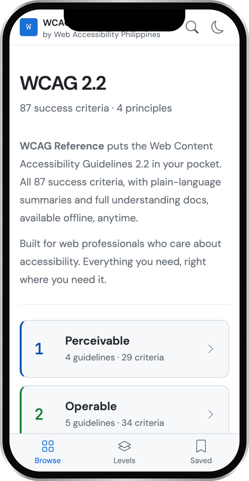 WCAG Reference app light mode preview on iphone